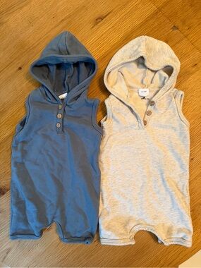 Little One Shop Toddler Hooded Romper Set in Blue and Light Gray